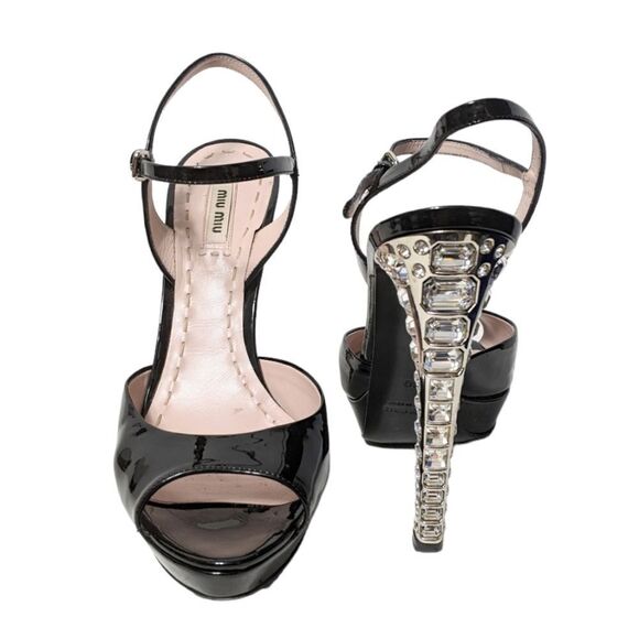 MIU MIU Black Patent Crystal Heeled Platform Peep Toe Sandals 40 - Picture 2 of 13